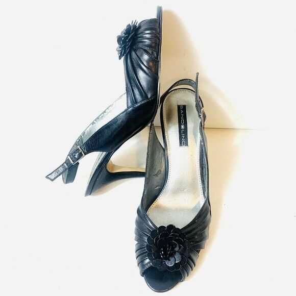 Bandolino Black Leather Women’s Size 8.5M Sling Back Open Toe Floral Accent Heel - Picture 4 of 10